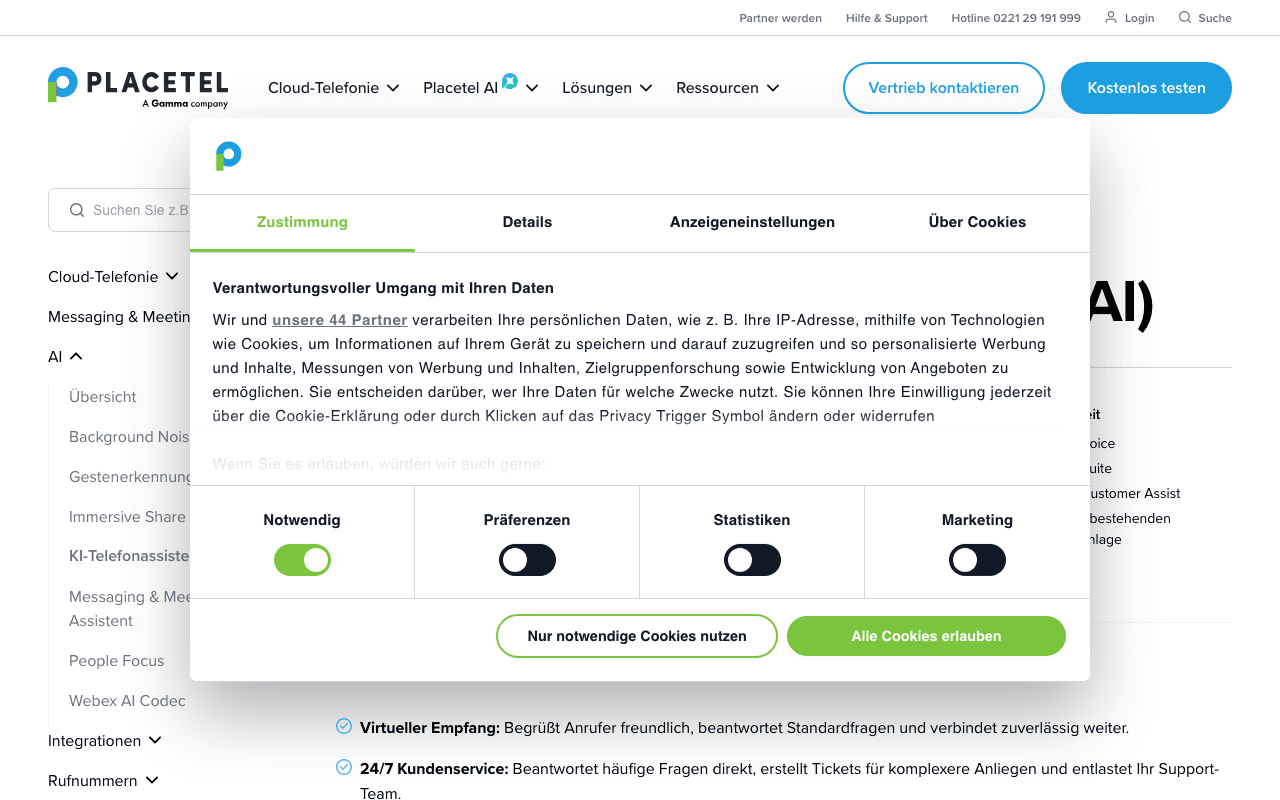Screenshot der Startseite von Placetel KI-Telefonassistent