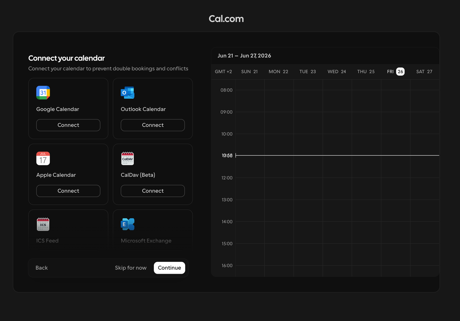 Auswahl „Connect your calendar" mit Google, Outlook, Apple und weiteren.