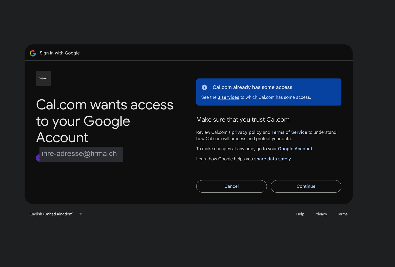 Google-Fenster „Cal.com wants access to your Google Account".