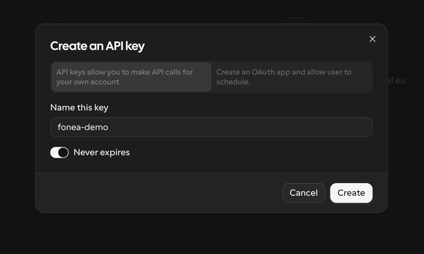 Dialog „Create an API key" mit Namensfeld und Schalter „Never expires".
