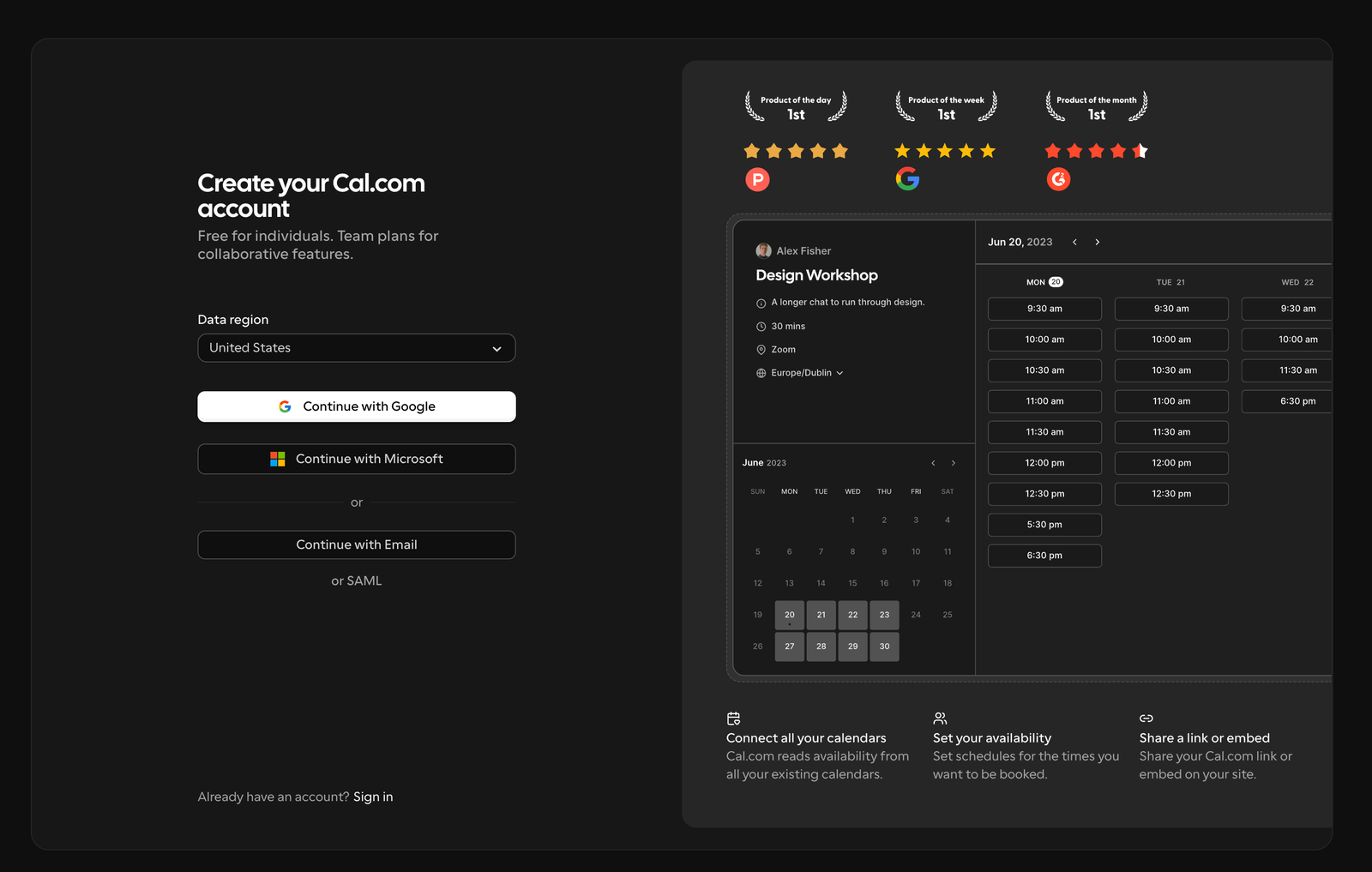 Cal.com-Registrierungsformular mit dem Feld „Data region".