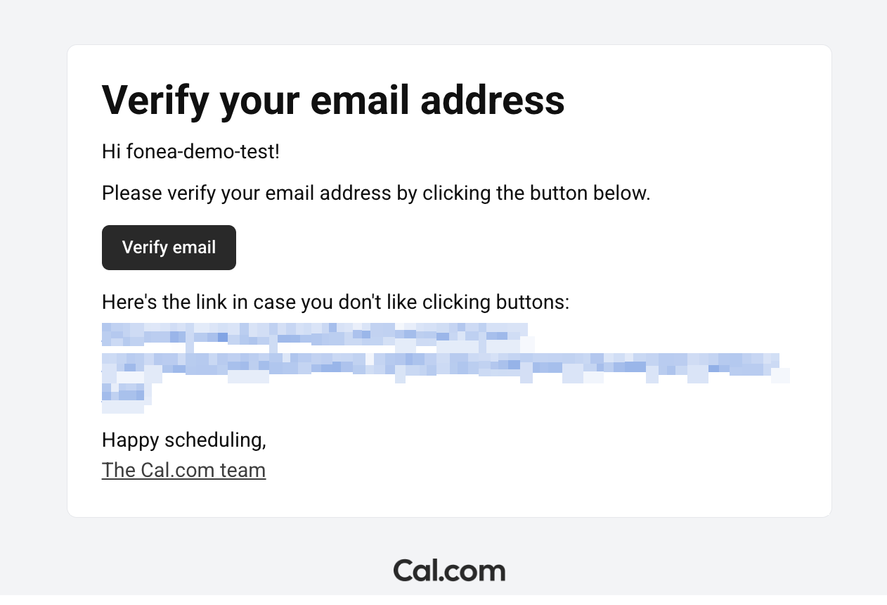 Bestätigungs-E-Mail von Cal.com mit der Schaltfläche „Verify email".