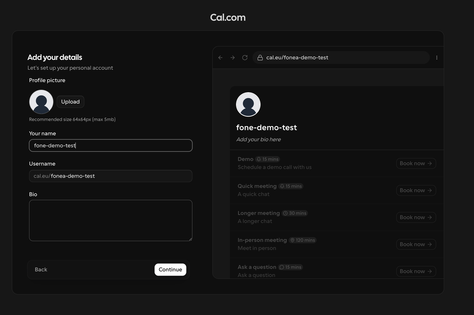 Profil-Seite „Add your details" mit Name und Benutzername.