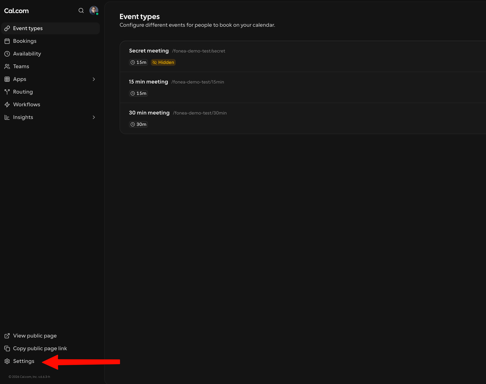 Liste der Terminarten in Cal.com.