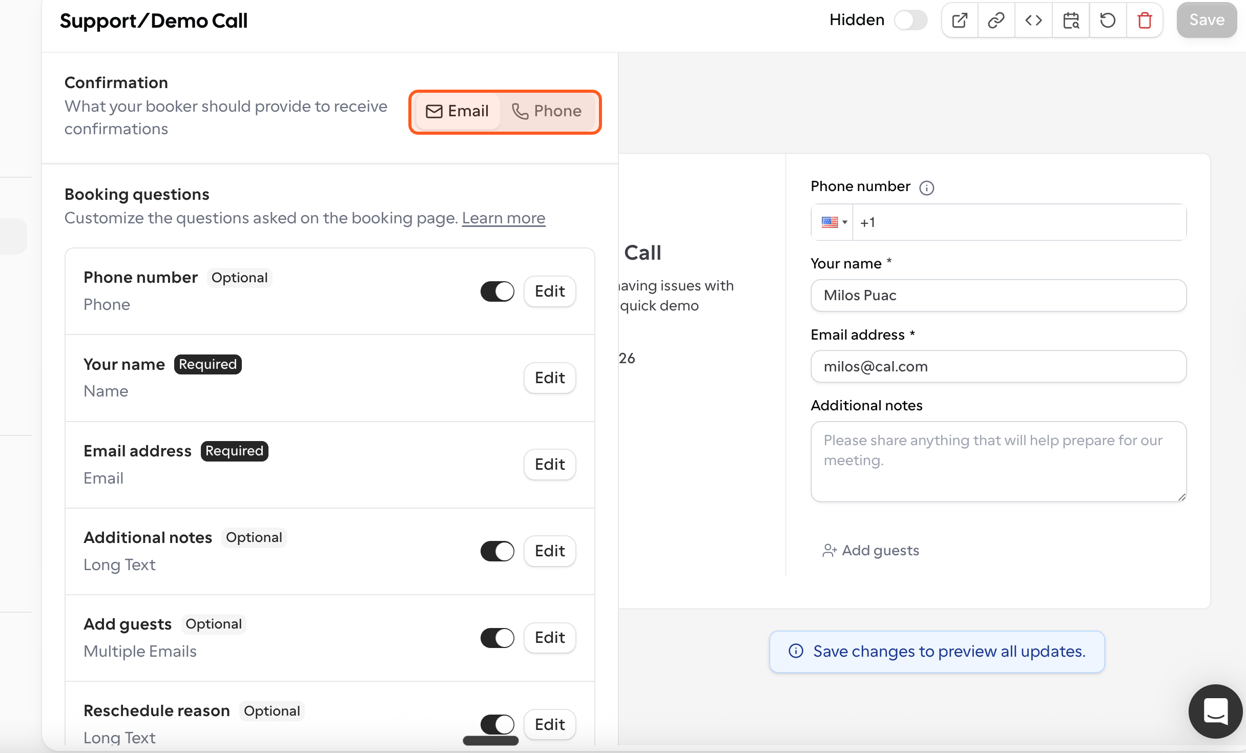 Cal.com-Terminart mit dem Bereich „Confirmation": der markierte Schalter wechselt zwischen „Email" und „Phone". Screenshot aus der Cal.com-Hilfe.