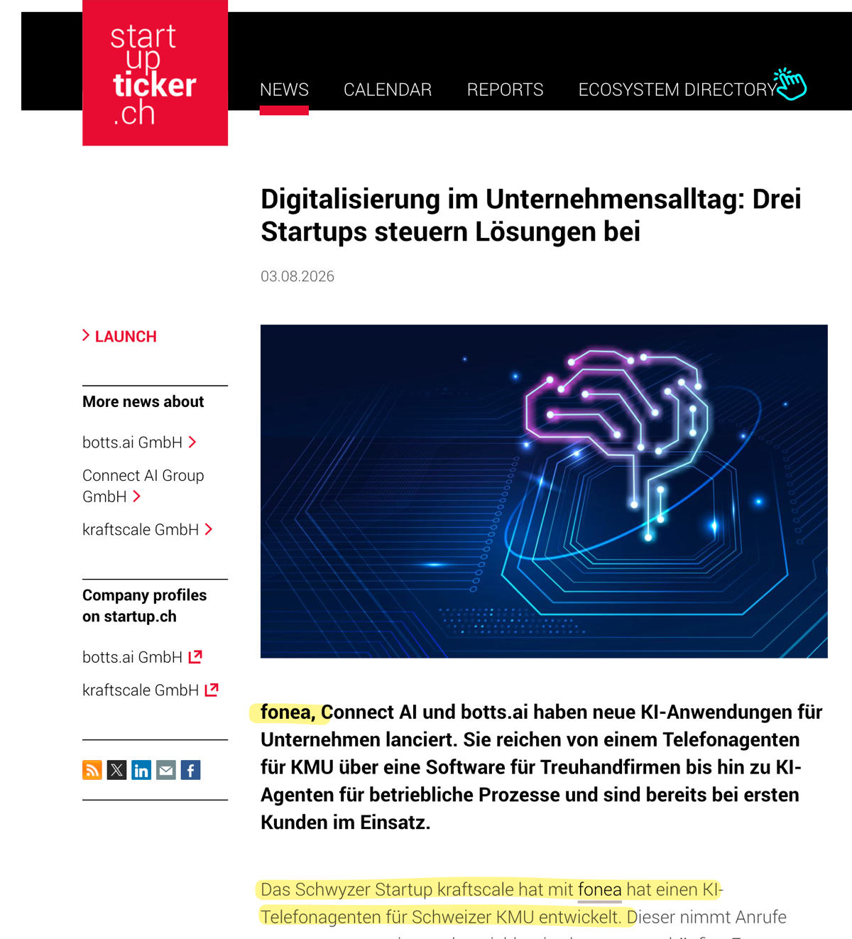 Startupticker.ch Artikel über fonea, Connect AI und botts.ai vom 3. August 2026